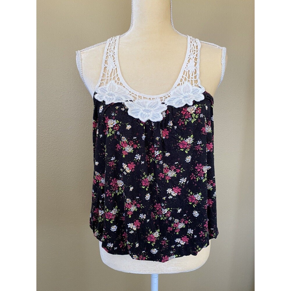 Iris Los Angeles Black Floral With Embroidery T Back Tank Top SZ L